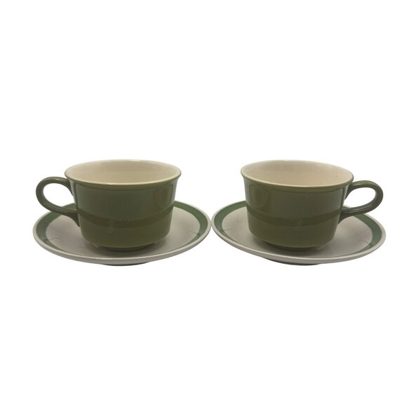Set Of Two Ceramic Teacups With Matching Saucers Green And White Accent Design - Picture 1 of 6